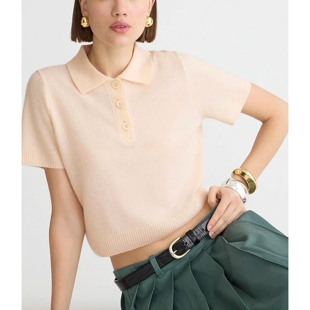 J. CREW Cashmere Cropped Short Sleeve Sweater Polo in Heather Muslin